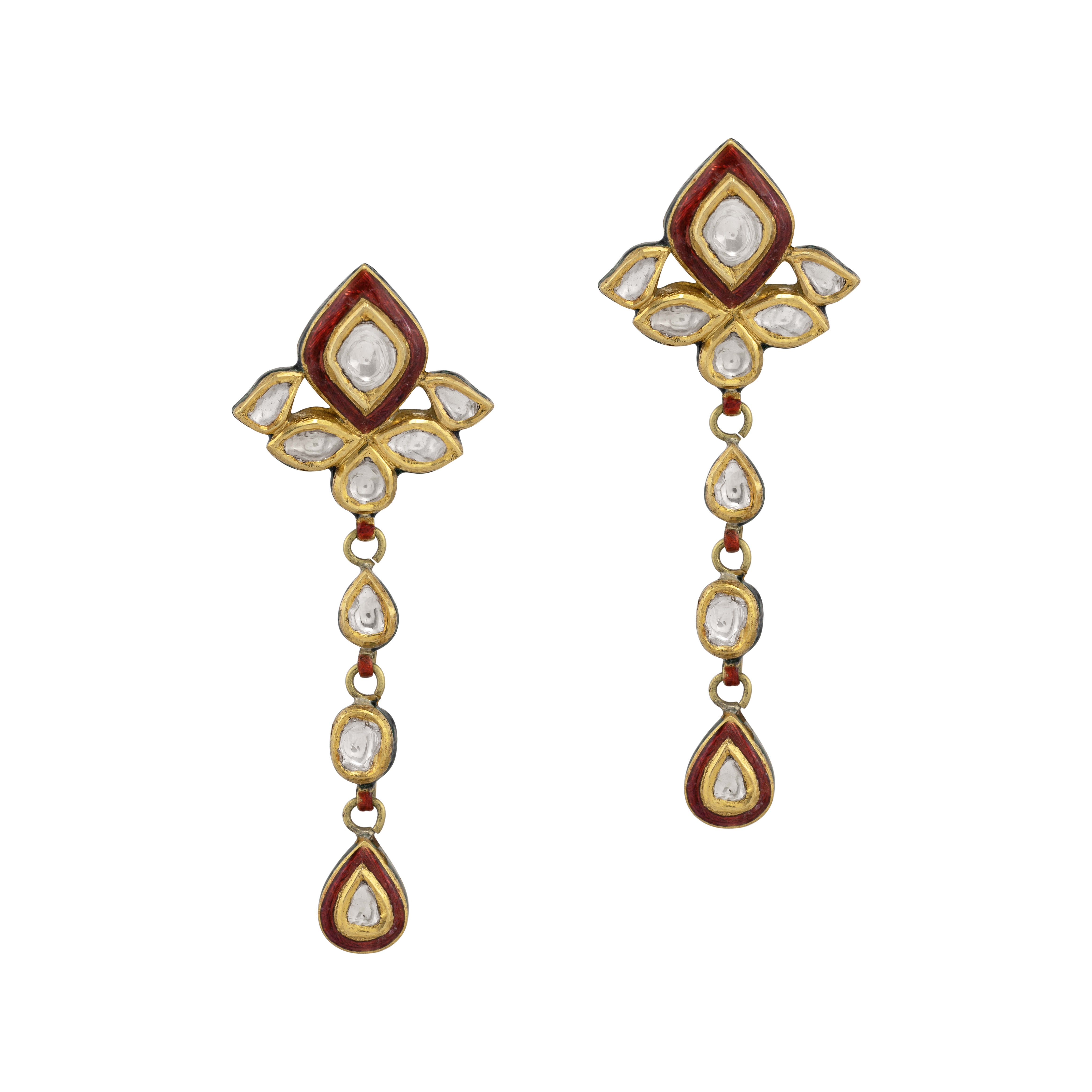 Teardrop Polki Earrings with Red Enamel & Cascading Design